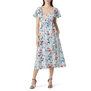 Tanya Taylor Tiegan Flamingo Print Silk Short Sleeve Midi Dress Size 6